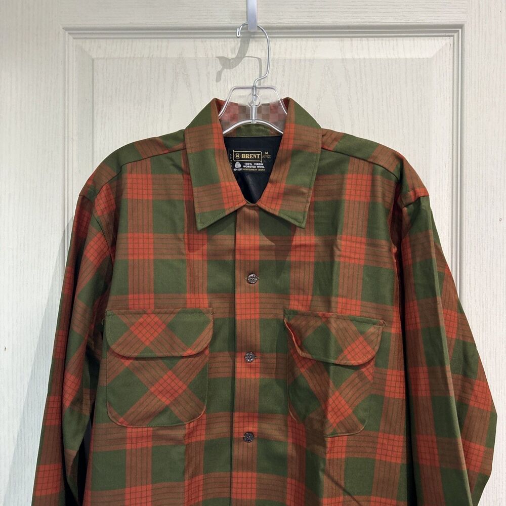 60s NOS BRENT Vintage Loop Collar Wool Flannel Plaid Flap Pocket Blue Orange L - Picture 7 of 11